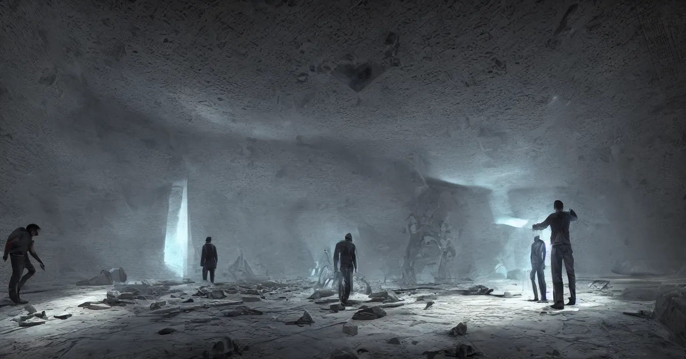 Prompt: futuristic archaeologist excavating buried huge alien spaceship, in the hidden room in egypt pyramid, reflections, volumetric light in rain, deep sense of horror atmosphere, visual fidelity and plasticity, deep depth, defocus, in style of james paick, rendered in vray, raytracing, raymarching