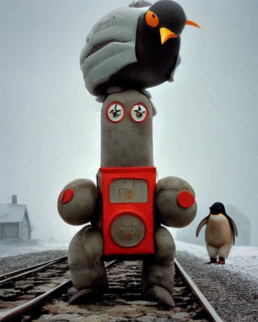 Prompt: giant oversized chubby bulky armored train penguin robot mech, with big penguin head , rocket launcher , on a village , Cinematic focus, fujicolor photo, vintage, neutral colors, soft lights, foggy, panorama by by Serov Valentin, by lisa yuskavage, by Andrei Tarkovsky