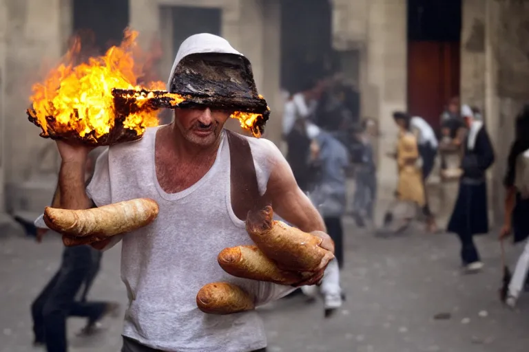 Image similar to closeup potrait of a man carrying baguettes over his head during a scorching fire in Paris, photograph, natural light, sharp, detailed face, magazine, press, photo, Steve McCurry, David Lazar, Canon, Nikon, focus