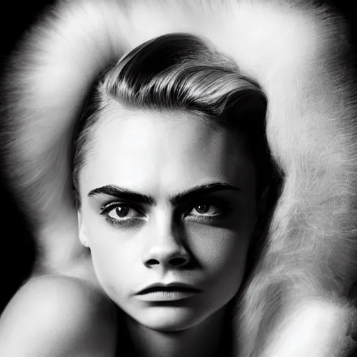 Prompt: photo of a gorgeous 20-year-old Cara Delevingne with 1930s hairstyle by Mario Testino, detailed, head shot, award winning, Sony a7R -