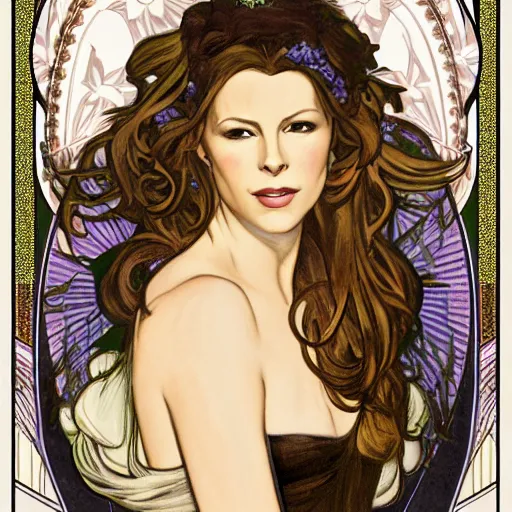 Prompt: Kate Beckinsale in style of Alfons Mucha, stylized