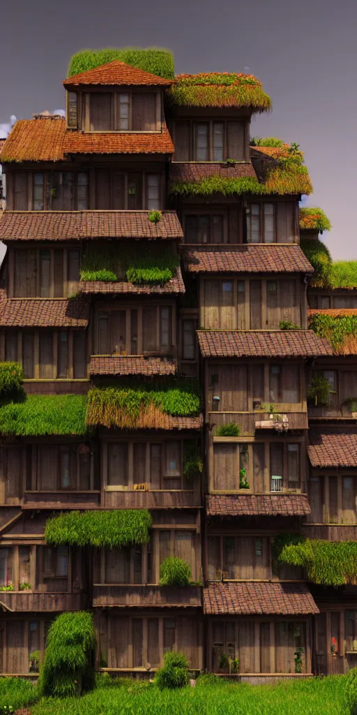 Image similar to stacked houses, solarpunk, studio ghibli, jean - baptiste monge, octane render, 4 k