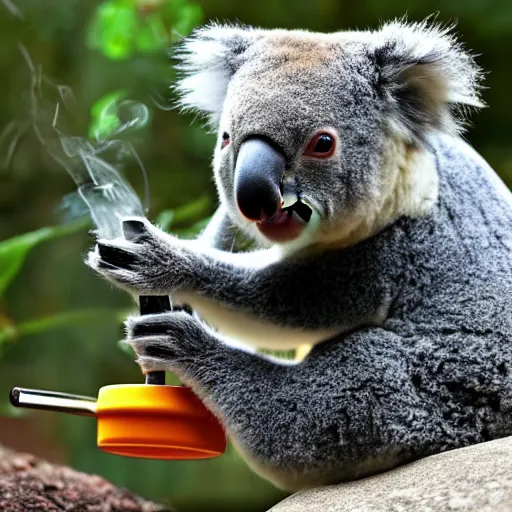 Prompt: koala smoking from water pipe on