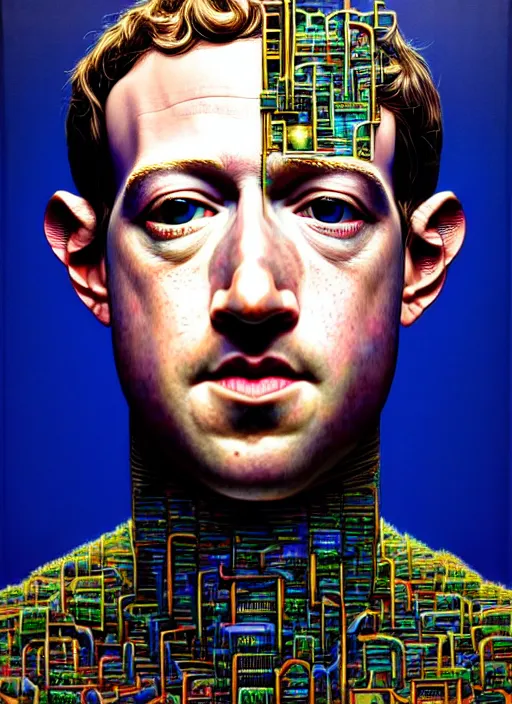 Image similar to hyper detailed 3d render like an Oil painting - Portrait of Mark Zuckerberg as a cyborg by Jacek Yerka, Mariusz Lewandowski, Houdini algorithmic generative render, Abstract brush strokes, Masterpiece, Edward Hopper and James Gilleard, Zdzislaw Beksinski, Mark Ryden, Wolfgang Lettl, hints of Yayoi Kasuma, octane render, 8k