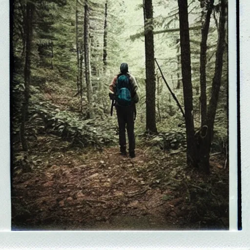 Image similar to a polaroid picture of a hiker in a forest before he went missing there is a wendigo hiding in the background,