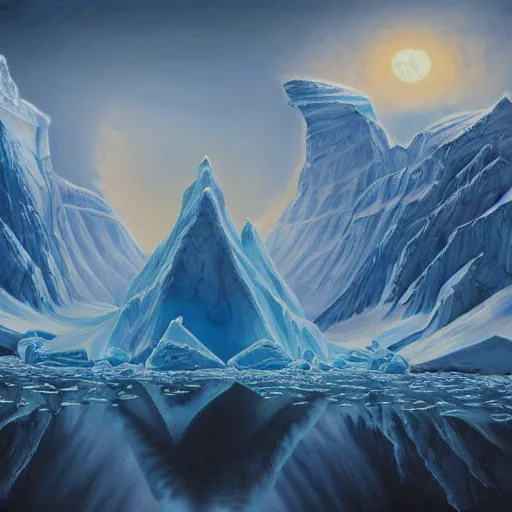 Image similar to mysterious Antarctica glacial cult mountain god, realistic fantasy, oil painting, extremely high detail, photorealistic, cinematic lighting, oil painting, intricate line drawings, 4k resolution