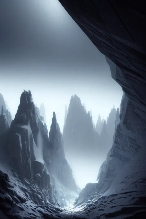 Image similar to futuristic atmosphere in the snowy mountains dolomites 3 d concept art, cinematic lighting, in the mouth of a cave, intricate details, building by zaha hadid, stormy weather, emissary space by arthur haas and bruce pennington and john schoenherr, cinematic matte painting, dark moody monochrome colors, trending on artstation, featured on behance