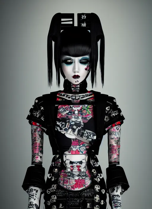 Image similar to full body portrait of a gothic style punk geisha robot with kanji tattoos and decals wearing a digital pixelated kimono, intricate design, photo - realistic, octane render, dark colour palette, ultra fine detailed, character design, trending on artstation