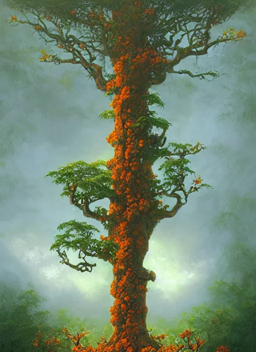 Image similar to ayahuma tree with orange fruits looking like an ent, art by christophe vacher