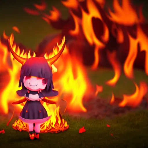 Image similar to cute fumo plush manic happy pyromaniac girl giddily starting a huge bonfire in the forest, horned demon imp girl, stylized pbr anime shader, burning flames, warm glow and volumetric smoke vortices, filmic, rule of thirds composition, vignette, vray