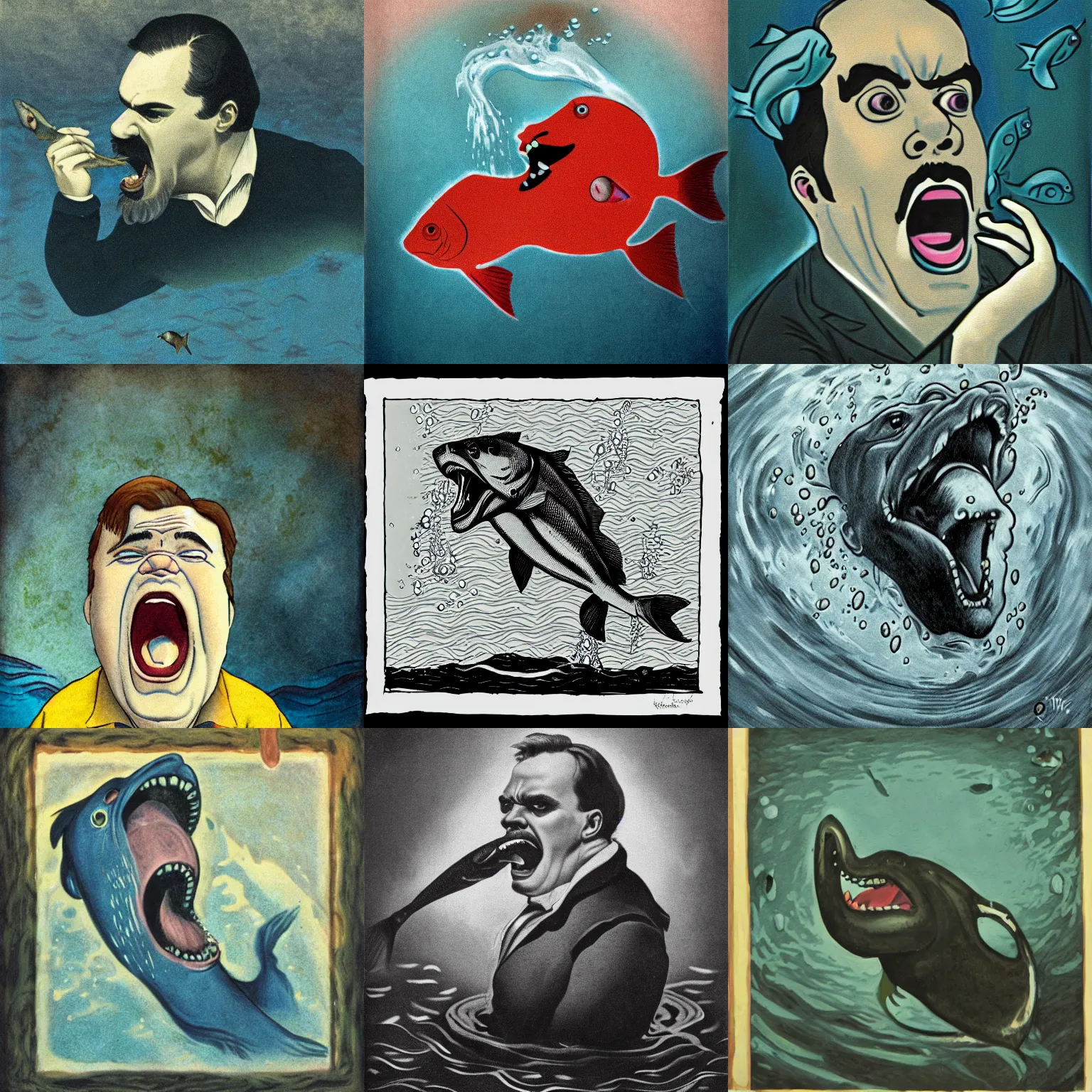 Prompt: portrait of Nietzsche screaming underwater, fish swimming around,