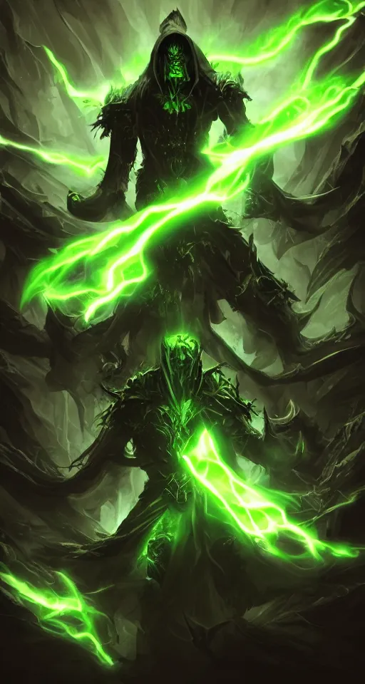 Image similar to illustration of dark priest holding green lightning, black halo, evil, power, green mist, scary, photorealistic, unreal engine, hellish background , Mtg , Dnd ,