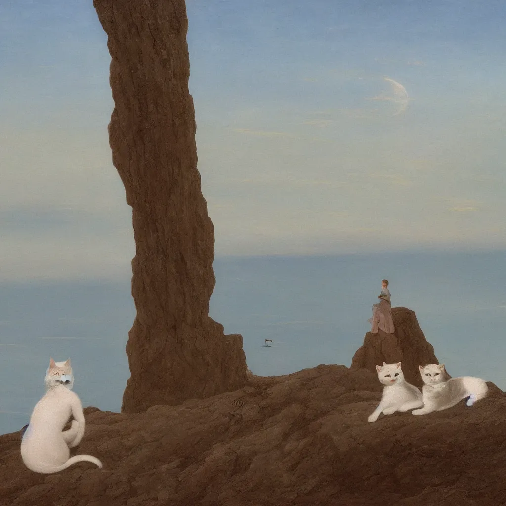 Prompt: an android girl with a white cat by caspar david friedrich, in the sunset ， sitting on the edge of the cliff looking at the sea ， clean, pure, elegant, highly detailed, digital painting, artstation, concept art, smooth, sharp focus, illustration,