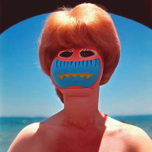 Image similar to 1976 middle aged woman wearing a transluscent inflatable toy head at the seaside 1976 French film archival footage technicolor film expired film 16mm Fellini new wave John Waters