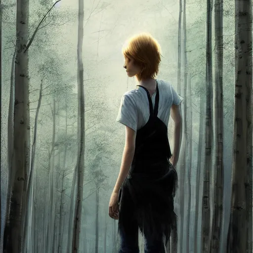 Image similar to a tall figure standing in the aspen forest, !dream portrait of a feminine boy with curly shoulder length dirty blond hair, wearing a white t shirt and black work apron, dramatic lighting, illustration by Greg rutkowski, yoji shinkawa, 4k, digital art, concept art, trending on artstation