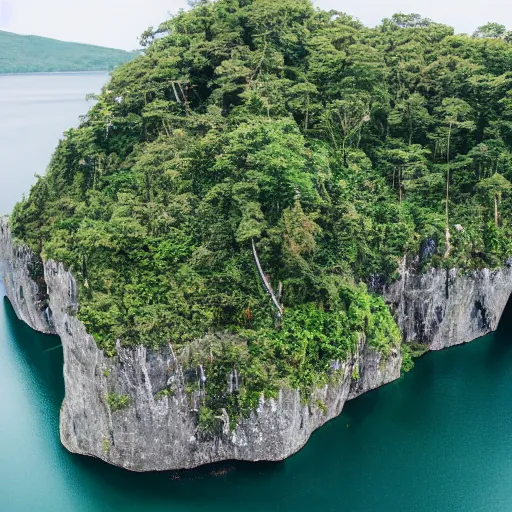 Prompt: Island floating in the sky, waterfalls and trees dot the cliffsides