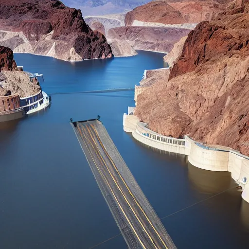 Image similar to looking down at the Hoover Dam and Lake Mead and the Colorado River, the Dam is covered with scaffolding and informal settlements hanging along the sides, windows illuminated, in style of Norman Foster, cinematic lighting, light rays, ultra realistic, photorealistic, volumetric lighting, photography