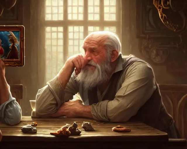 Prompt: an old man resting his chin on a table looking at the elixir of life with a photograph of his wife next to him, deep focus, d & d, fantasy, intricate, elegant, highly detailed, digital painting, artstation, concept art, matte, sharp focus, illustration, hearthstone, art by artgerm and greg rutkowski and alphonse mucha