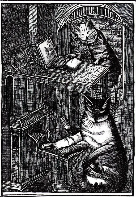 Image similar to [Dark medieval illustration of a cat watching youtube on a computer]