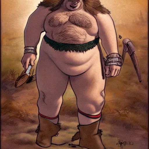 Prompt: a full body portrait of Obelix in the style of Mort Kunstler and Moebius