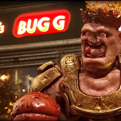 Prompt: burger king kurger bing creepy king mascot in gears of war, cinematic shot