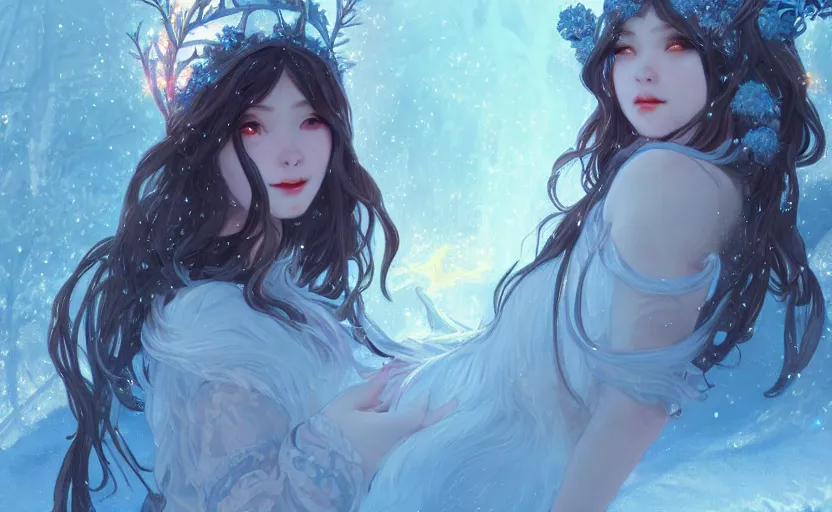 Image similar to beautiful ancient frost witch, fire in eye, snow glow, pool party, highly detailed, digital painting, artstation, sharp focus, illustration, art by tan zi and ayanamikodon and alphonse mucha and wlop