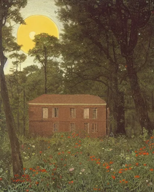 Prompt: a brick house, 1 9 7 0 s, seventies, delicate embellishments, a little blood, woodland, moonlight shining on wildflowers, painterly, offset printing technique, by alexandre cabanel