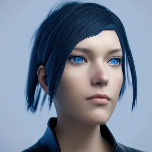 Image similar to « portrait, attractive, blue eyes, black hair, middle length hair, ghost in the shell, front view, unreal engine 5 »