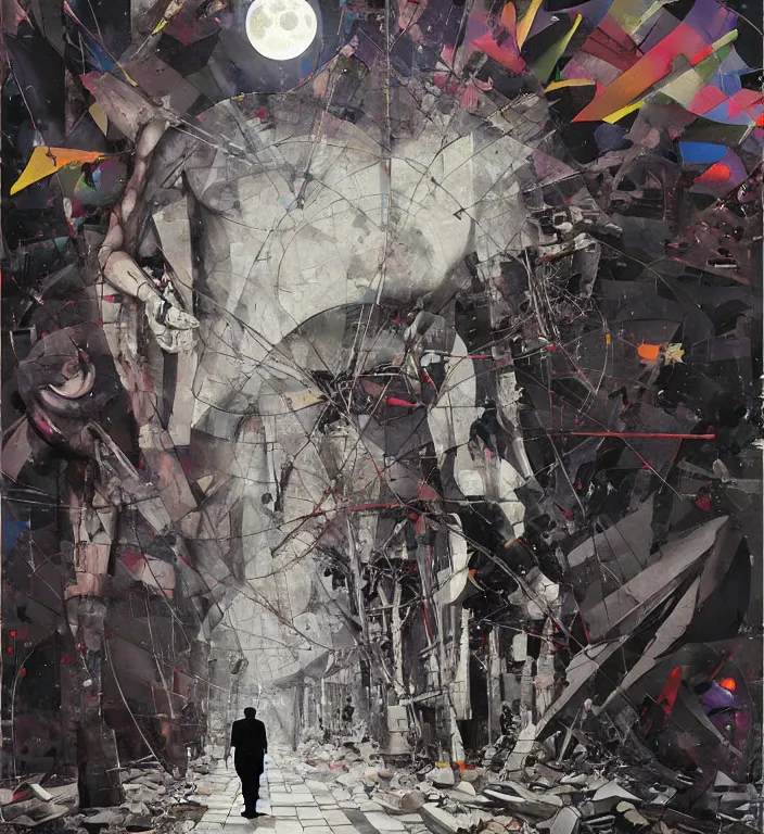 Prompt: decollage painting old man walking through the streets of ruined city under the huge moon with a skeleton shining through his chest by adrian ghenie and takato yamamoto and edward hopper and mark ryden and tsutomu nihei, part by bridget riley, acrylic pour and splashing paint, very coherent, baroque elements, perfect anatomy, intricate design. pop art.