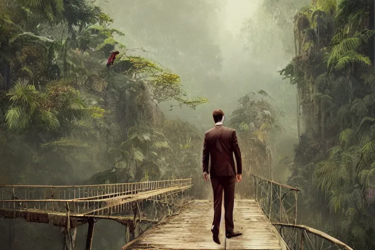 Image similar to a man in a suit walks on an old rusty bridge in a jungle, by greg rutkowski, by conrad roset, digital art, trending on artstation