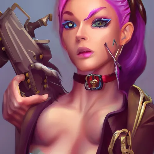 Image similar to portrait of jinx from arcane, bored sitting in a chair, hanging two guns on her hands, artstation, super detailed