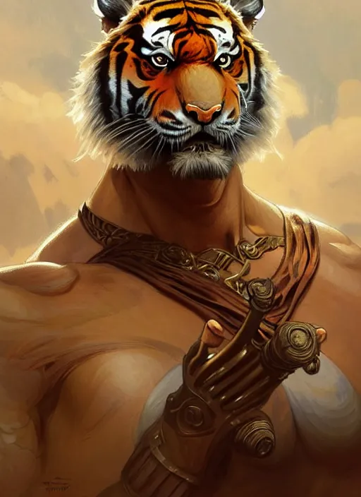 Prompt: portrait of tiger, d & d, muscular! fantasy, armour, intricate, elegant, highly detailed, digital painting, artstation, concept art, smooth, sharp focus, illustration, art by artgerm and greg rutkowski and alphonse mucha