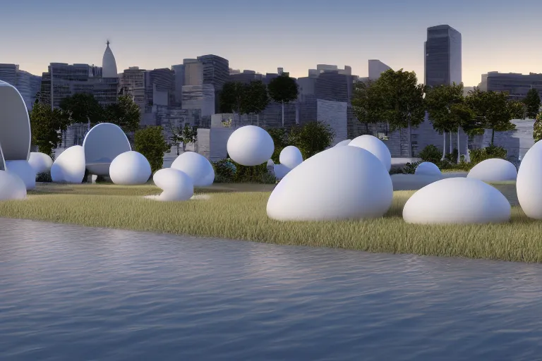 Image similar to 2 0 white round egg shaped buildings intersect and depend on each other to form a post - modern building, by pierre bernard, on the calm lake, people's perspective, future, interior wood, dusk, unreal engine highly rendered, global illumination, radial light, internal environment