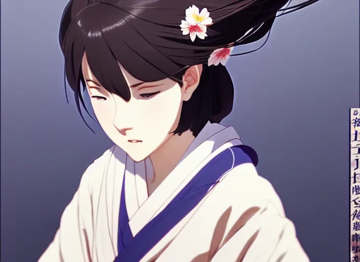 Prompt: a film still portrait of a confident woman wearing a kimono, finely detailed features, closeup at the faces, perfect art, at an ancient city, gapmoe yandere grimdark, trending on pixiv fanbox, painted by greg rutkowski makoto shinkai takashi takeuchi studio ghibli, akihiko yoshida