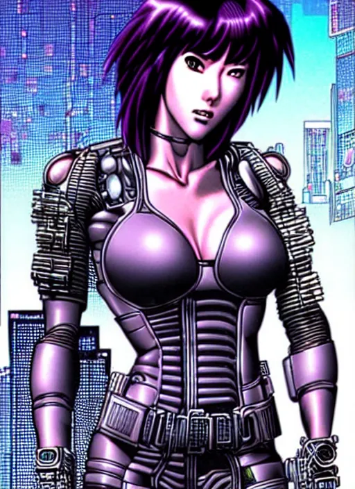 Image similar to motoko kusanagi in grungy cyberpunk megacity, intricate and finely detailed, cyberpunk vaporwave, portrait by j scott campbell