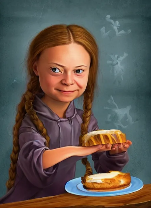 Prompt: greta thunberg as a medieval goblin eating cakes, detailed digital art, trending on Artstation