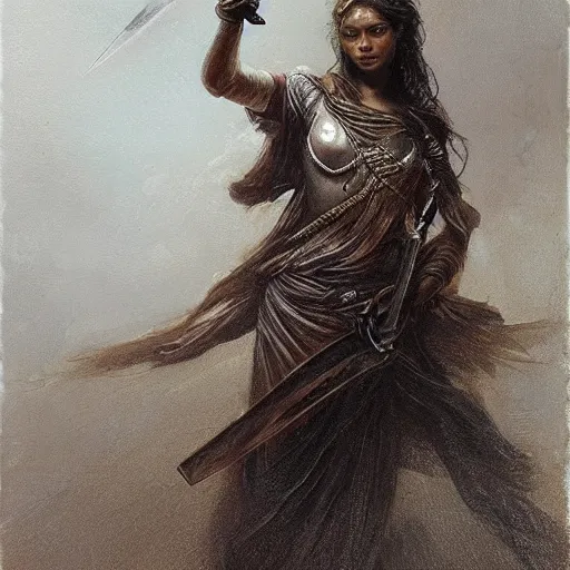 Image similar to artstation concept of a beautiful girl holding a sword in both hands, brown skin, face, silver garment, shiny colorful, hyperdetailed, artstation trending, world renowned artists, worth1000.com, historic artworks society, antique renewel, cgsociety, by greg rutkowski, by Gustave Dore, Deviantart