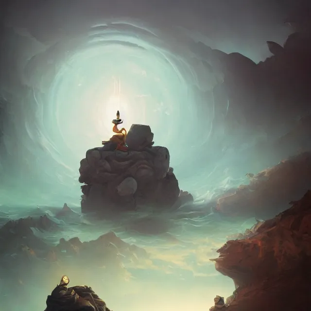 Image similar to in the style of peter mohrbacher, a glowing monk floating and meditating on a rock, dystopian landscape, intricate, masterpiece, award winning, fantasy, hyperrealism intricate