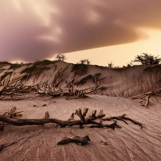 Prompt: Gentle rolling sand dunes, cave entrance, abandoned mineshaft, old wood, grey jagged rock, 4K, high detail, Fallen trees, darkness, water, cloudless sky, smoke rising in background, 8k ultra realistic, photography