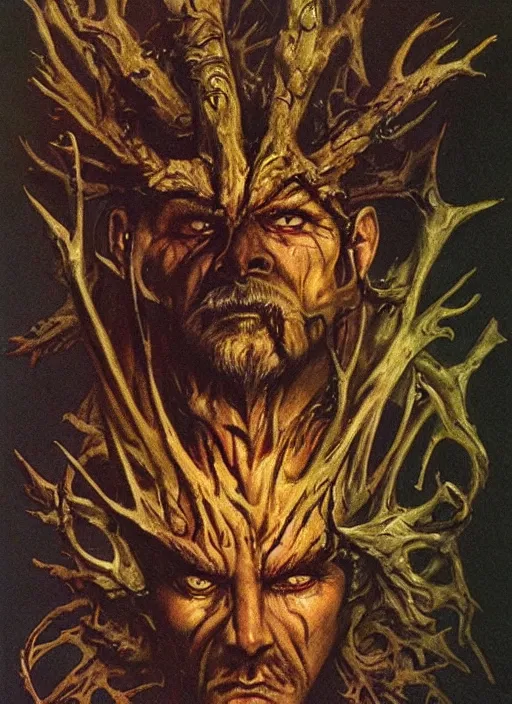 Image similar to portrait of grizzled male god of the damned, black iron crown, claw scars, strong line, deep color, forest, beautiful! coherent! by boris vallejo, by brian froud