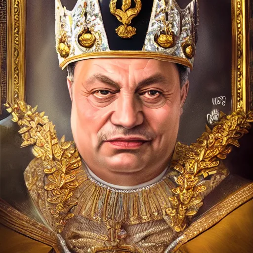 Image similar to an extremely realistic portrait depicting the coronation of viktor orban dressed in royal national costume, on the frozen danube, detailed, intricate, elegant, fat, highly detailed, digital painting, artstation, concept art, smooth, sharp focus, illustration,