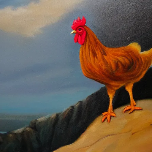 Prompt: oil painting of a chicken on the edge of a cliff