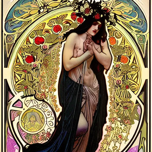 Image similar to persephone as goddess of death, flowers, dark, evil, painted by alphonse mucha
