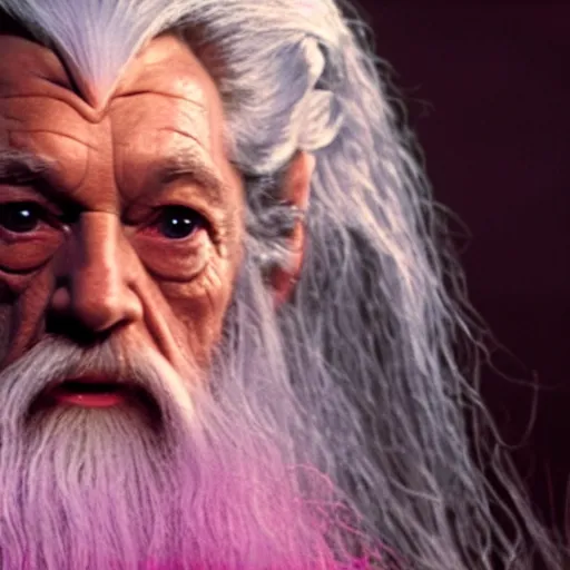 Prompt: portrait of gandalf wearing a large pink hair bow, holding a blank playing card up to the camera, movie still from the lord of the rings