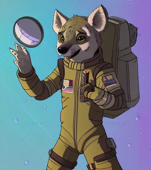 Image similar to full body digital artwork of furry female hyena, in style of zootopia, fursona, furry, furaffinity, deviantart, wearing astronaut outfit, floating in space