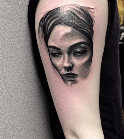 Prompt: tattoo design sketch of a beautiful mountain scenery with a faded beautiful woman face, hyper - realistic, in the style of matteo pasqualin, amazing detail, black and white, faded