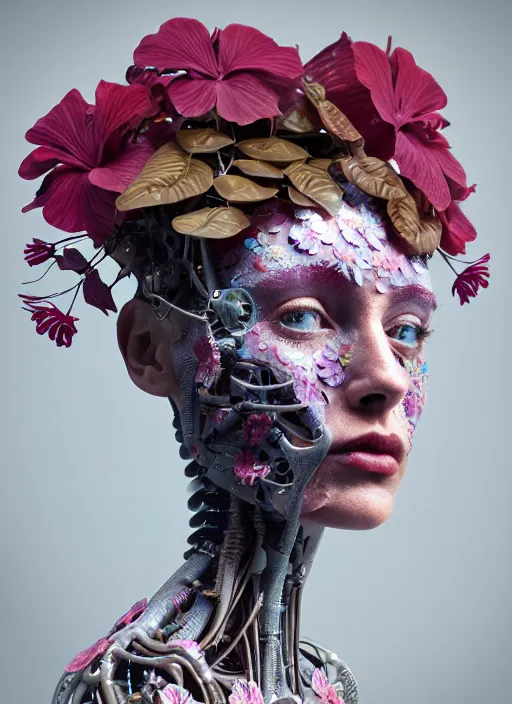 Prompt: cinestill 5 0 d matt colors 3 d model, biomechanical beautiful young female cyborg with porcelain profile face and a big floral eye, volumetric light, leaves foliage and stems, hibiscus flowers, boho floral vines, sinuous fine roots, fine foliage lace, head in focus, alexander mcqueen, steampunk, octane render, 8 k