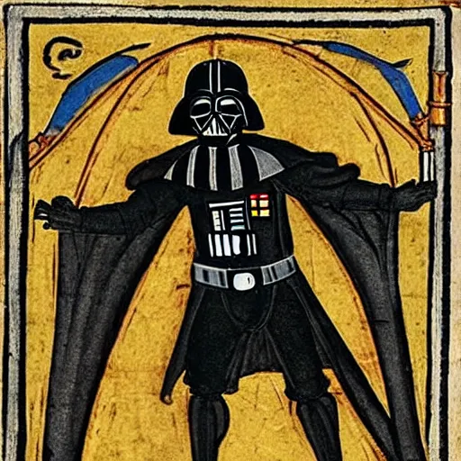 Prompt: darth vader in a medieval manuscript fighting with a dragon, medieval manuscript, golden miniatures