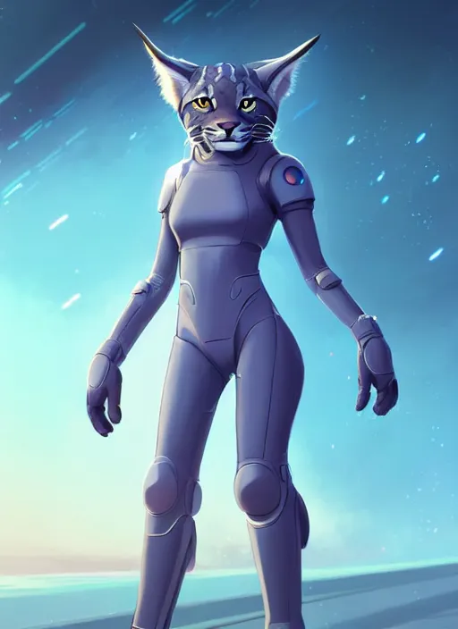 Image similar to wide angle beautiful full body portrait of a strong female anthropomorphic anthro lynx fursona wearing a futuristic space suit, paw pads instead of feet, character design by alena aenami, disney, anime, manga, charlie bowater, ross tran, artgerm, and makoto shinkai, furaffinity, detailed, soft lighting, rendered in octane
