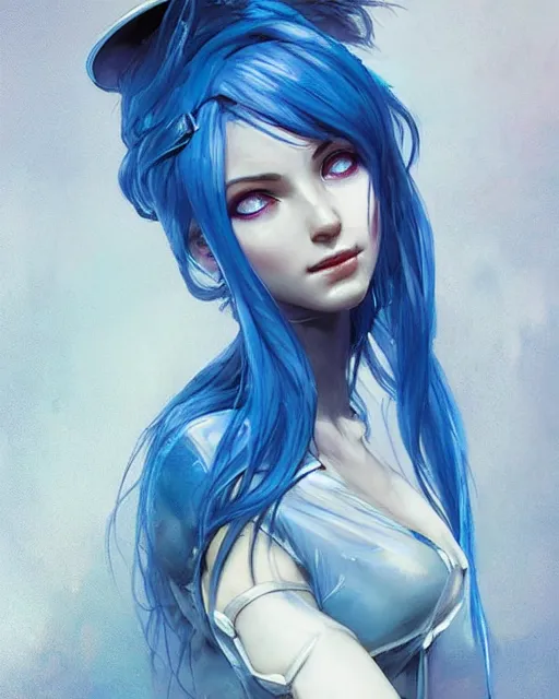 Image similar to stunningly beautiful girl with blue hair, blue eyes, fantasy art, military girl, army girl outfit, soldier helmet, jungle background, dark light night, sharp focus, digital painting, 8 k, concept art, art by wlop, artgerm, greg rutkowski and alphonse mucha